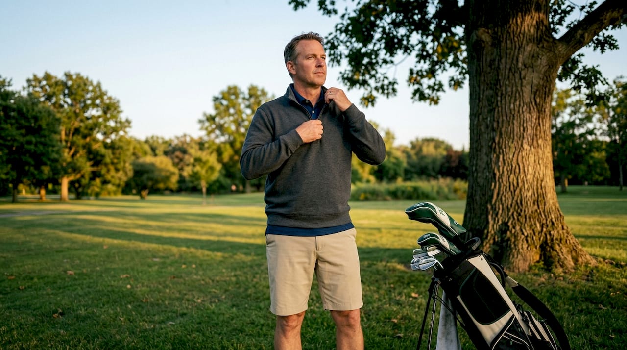 Golfer in modern performance golf attire on course at sunrise