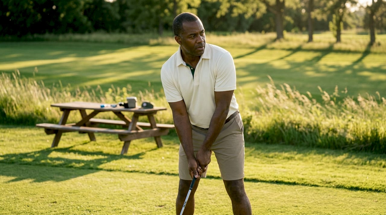 Black male golfer wearing performance golf clothing on course