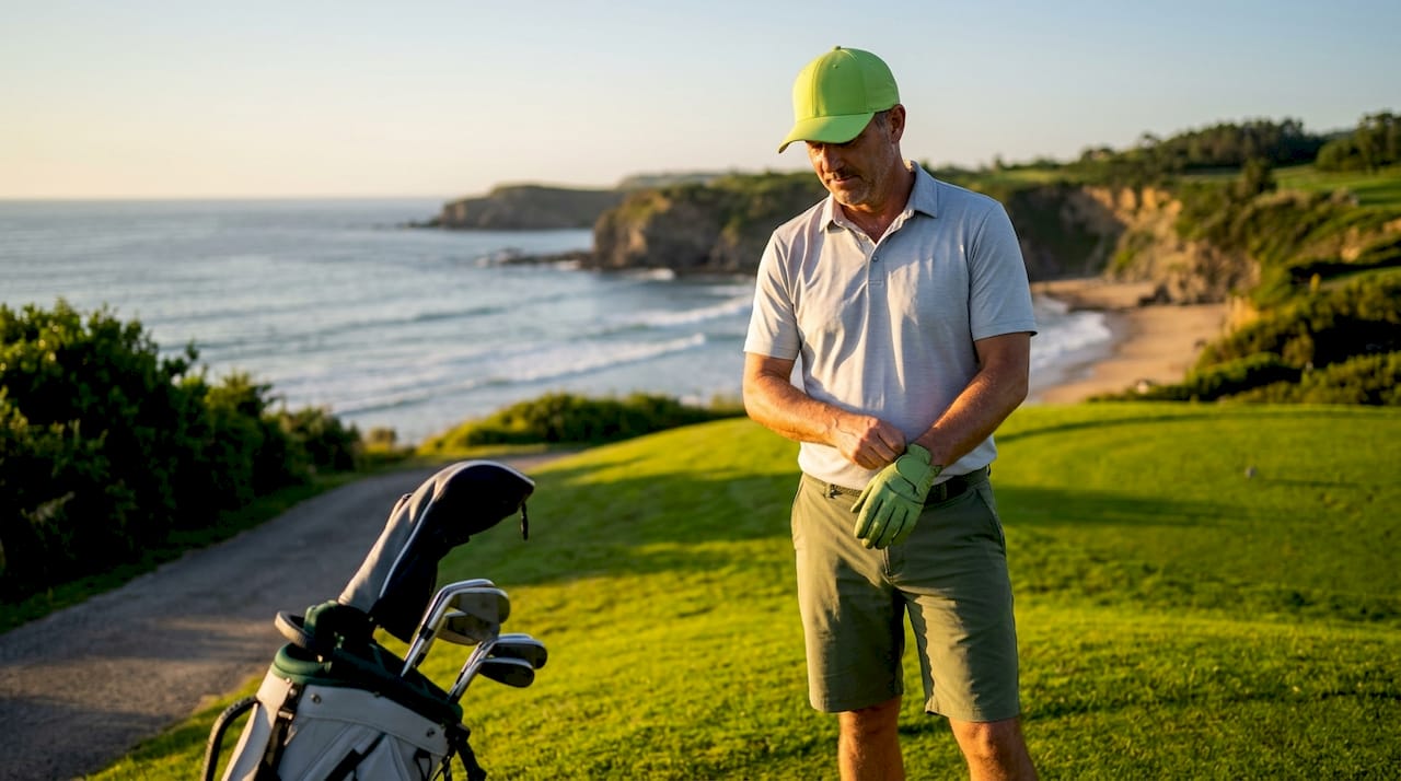 Male golfer in navy and beige with red accents on course