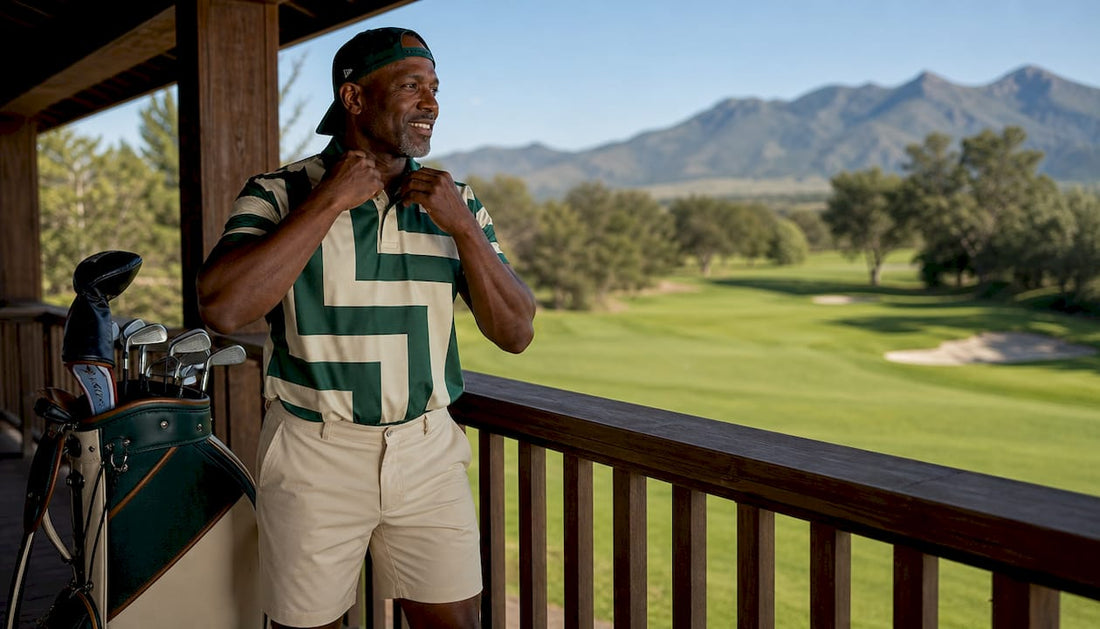 Man in colorful golf outfit at first tee