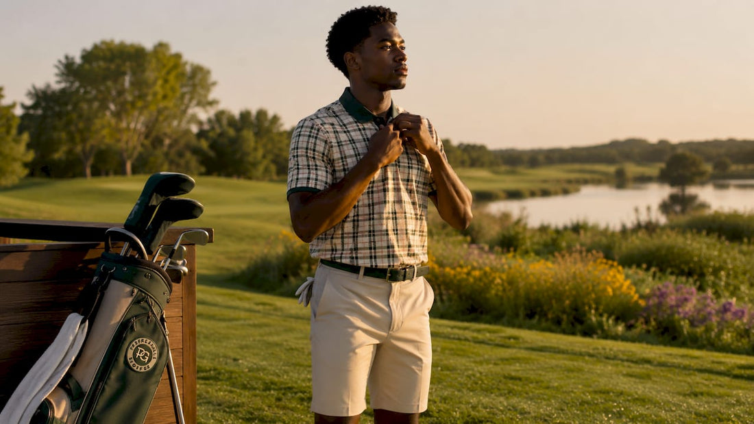 Golfer wearing bold plaid golf polo preparing to play