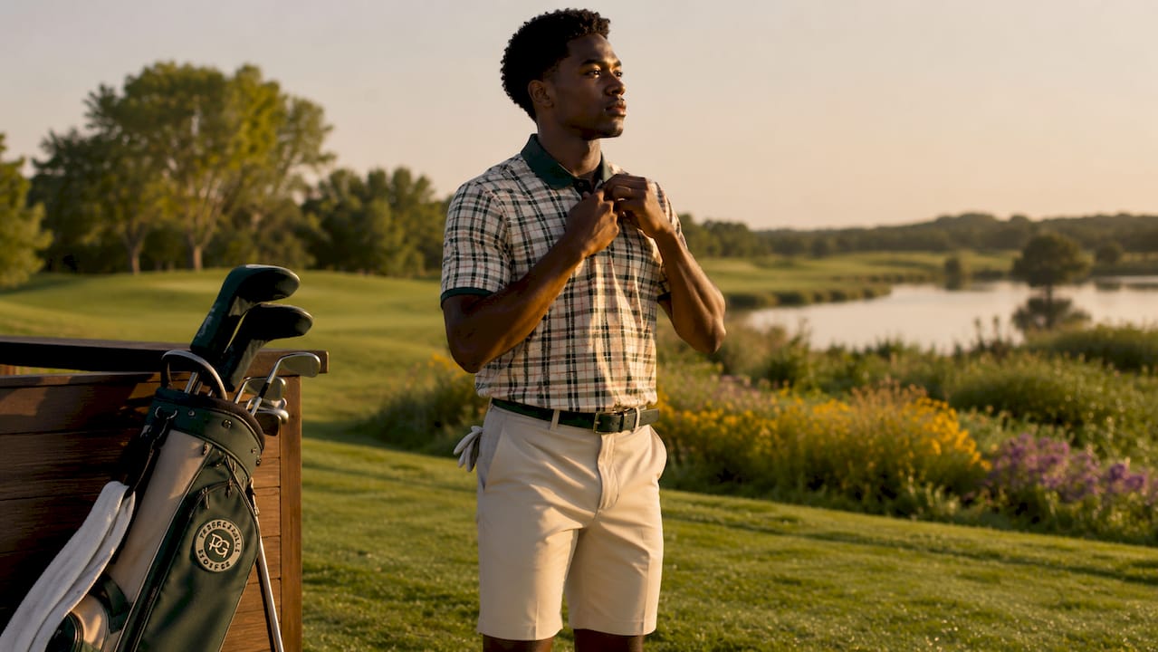 Golfer wearing bold plaid golf polo preparing to play