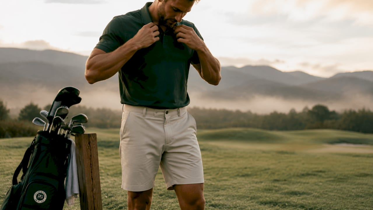 Golfer adjusting standout golf outfit on tee box