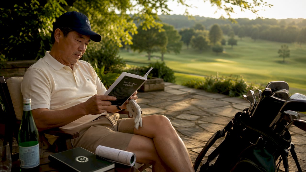 Man reading golf acronyms guide outdoors