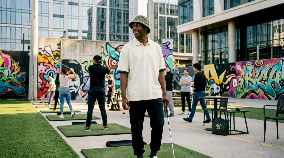 Man in golf streetwear on urban course