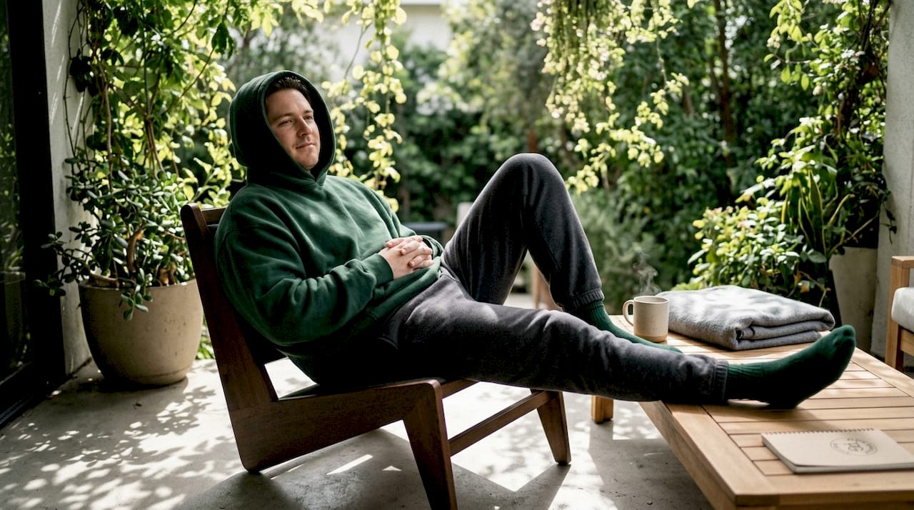 Person relaxing in soft comfortable hoodie indoors