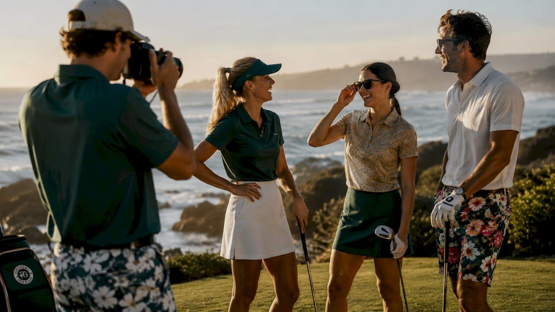 Golfers wearing bold, colorful golf apparel outdoors