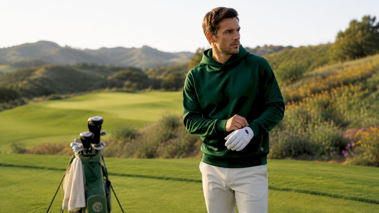 Male golfer in golf hoodie on course at sunrise