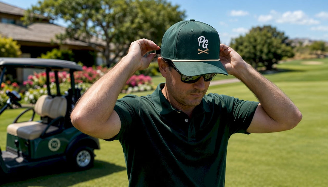 Male golfer adjusting adjustable hat outdoors