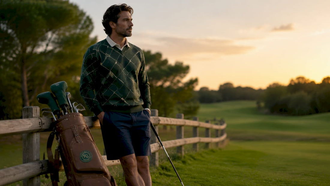 Male golfer in argyle vest on course at dawn