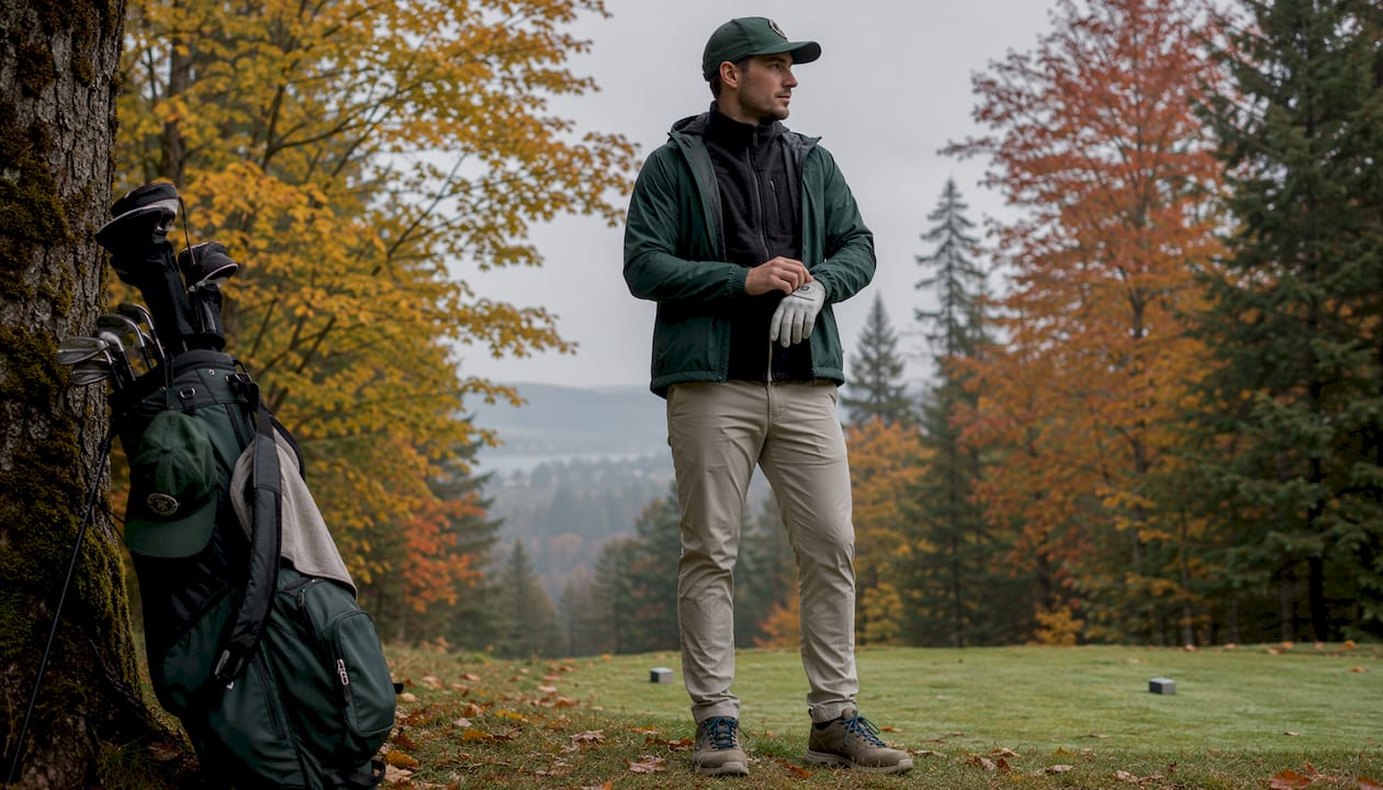 Golfer layering accessories on Canadian golf course