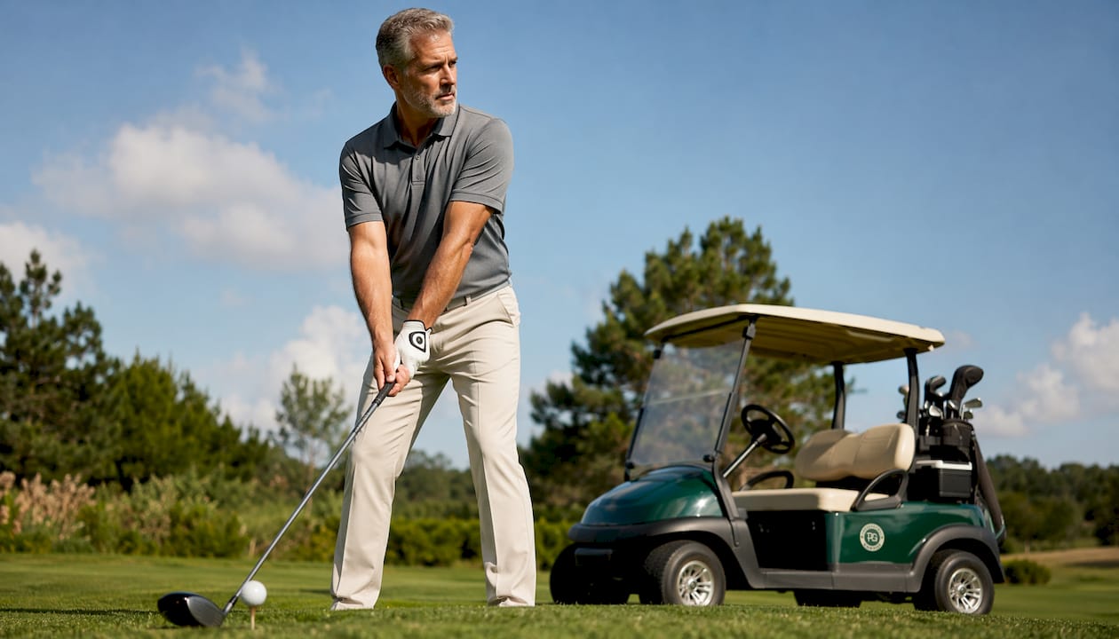 Golfer in premium apparel preparing to tee off