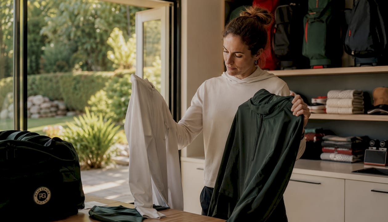 Golfer selecting layered golf clothing indoors