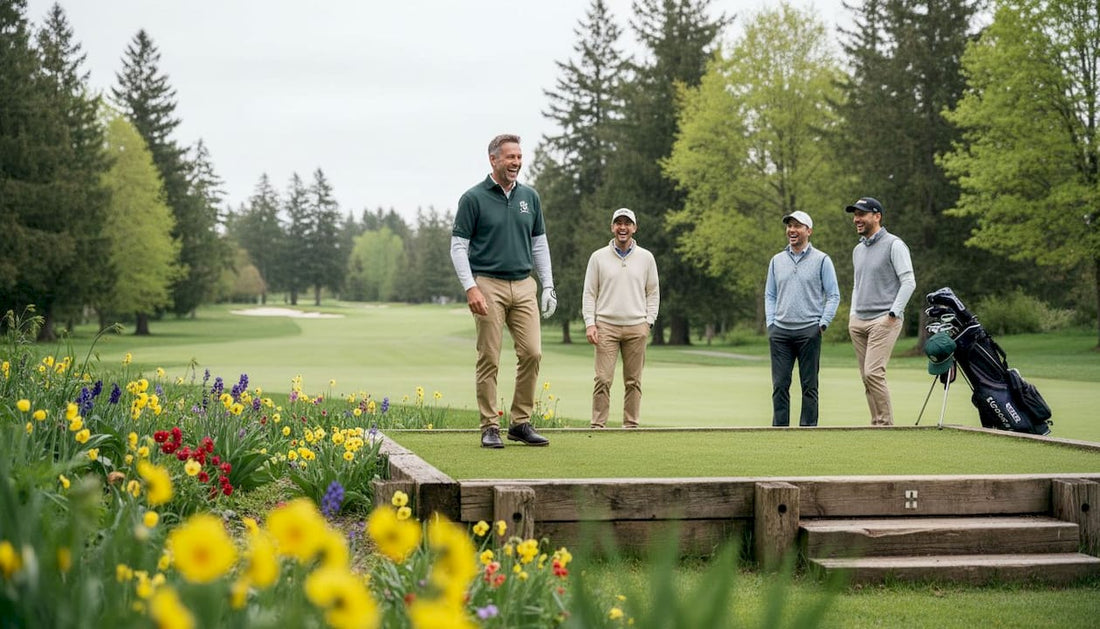 Golfers sharing a laugh in humorous golf attire