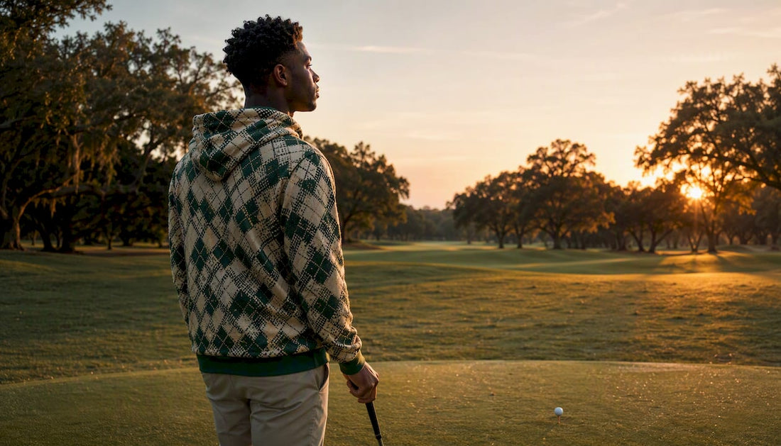 Golfer in unique hoodie on golf course