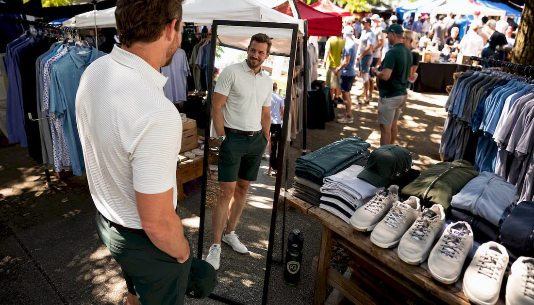 Canadian golfer trying on affordable apparel in store
