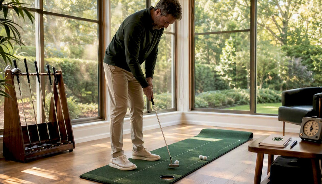 Golfer practicing putting at home on indoor mat