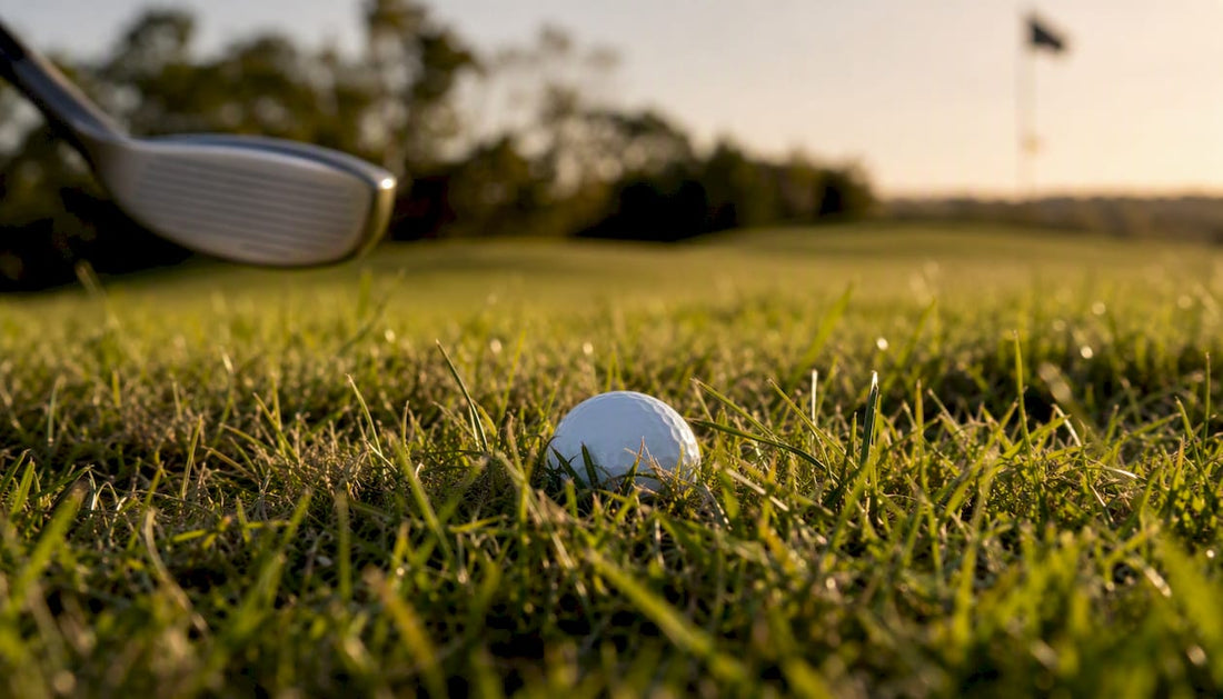 Golf ball rolling on fairway toward pin