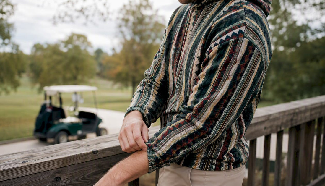 Close-up of golf hoodie fabric and seam detail