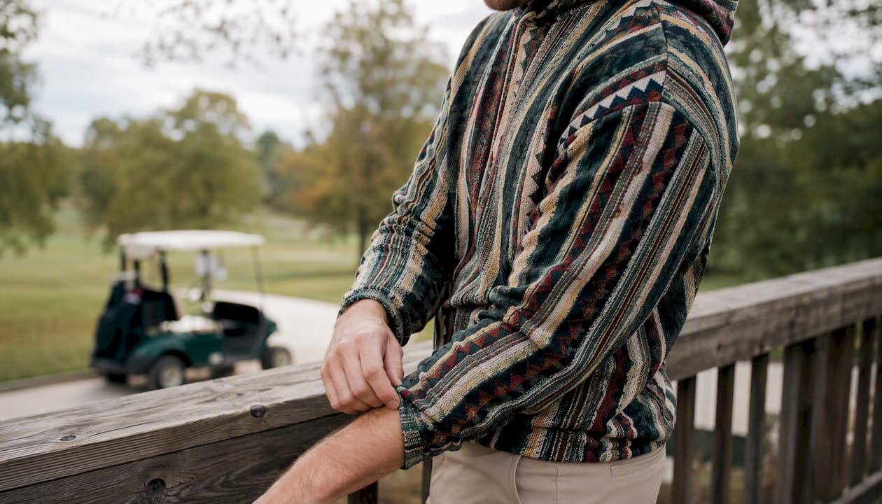 Close-up of golf hoodie fabric and seam detail