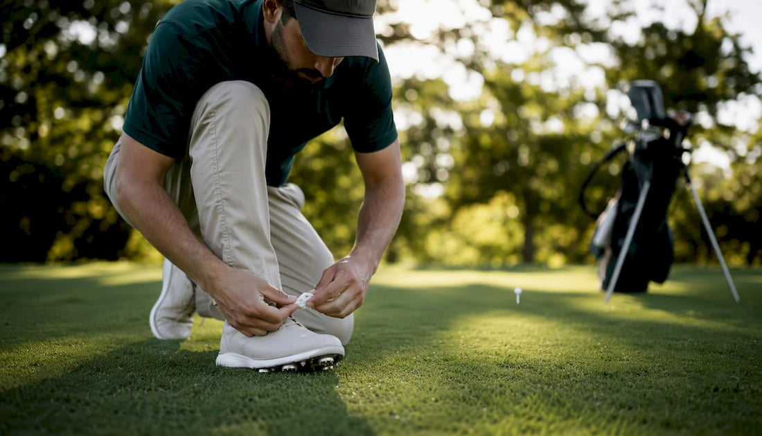 Golfer adjusting golf shoe on green fairway