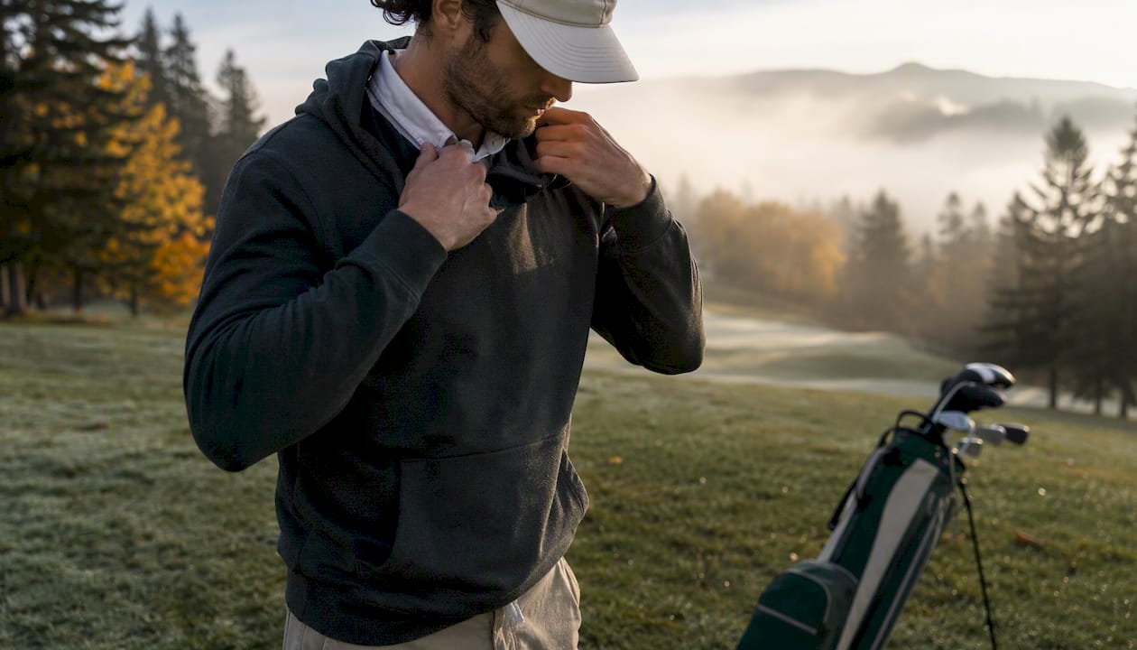 Golfer layering hoodie and hat on Canadian course