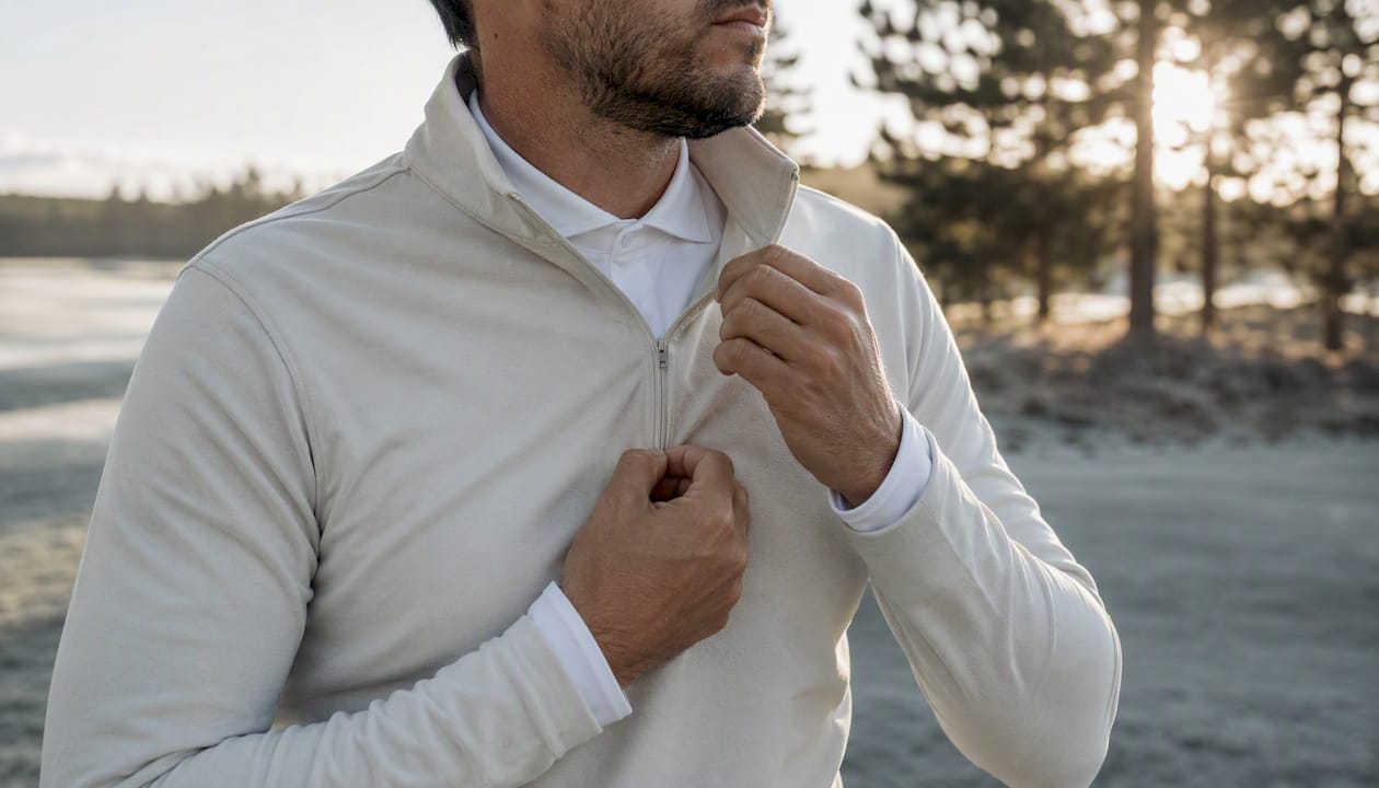 Golfer layering winter golf clothing