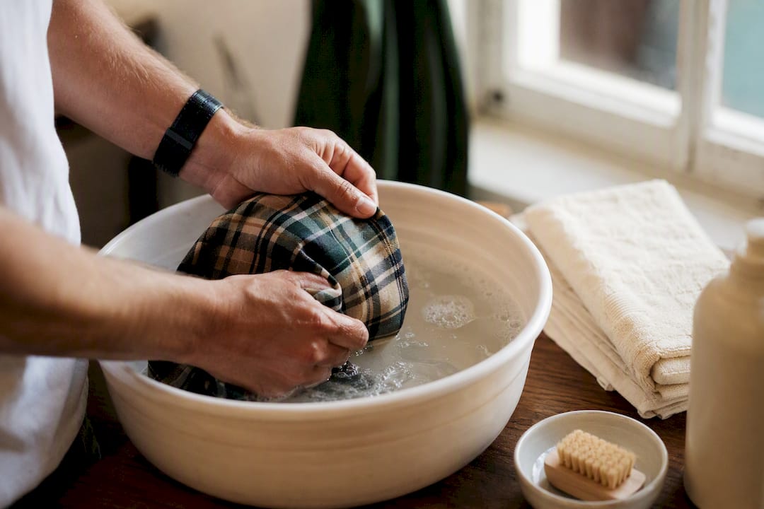 Hands hand-washing golf hat brim in water