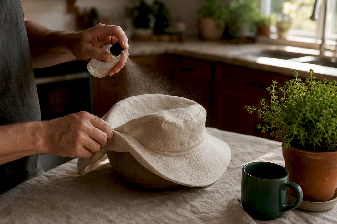 Hands steaming hat brim on wooden form