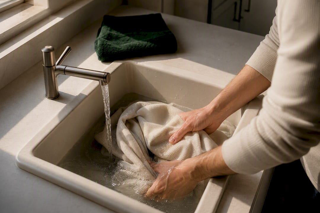 Hands washing hoodie in cool water