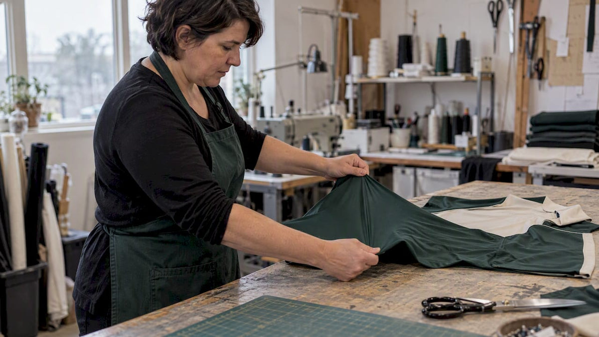 Garment maker testing golf fabric stretch