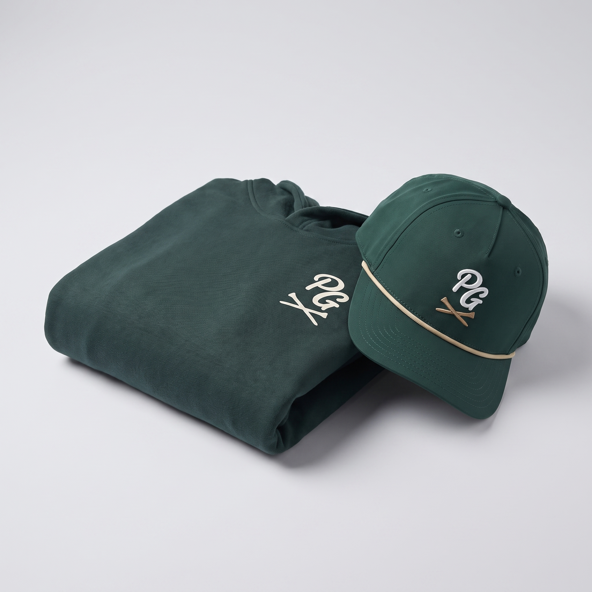 Plaid Gorilla Golf Pine Set — forest green hoodie and matching rope hat with cream PG logo