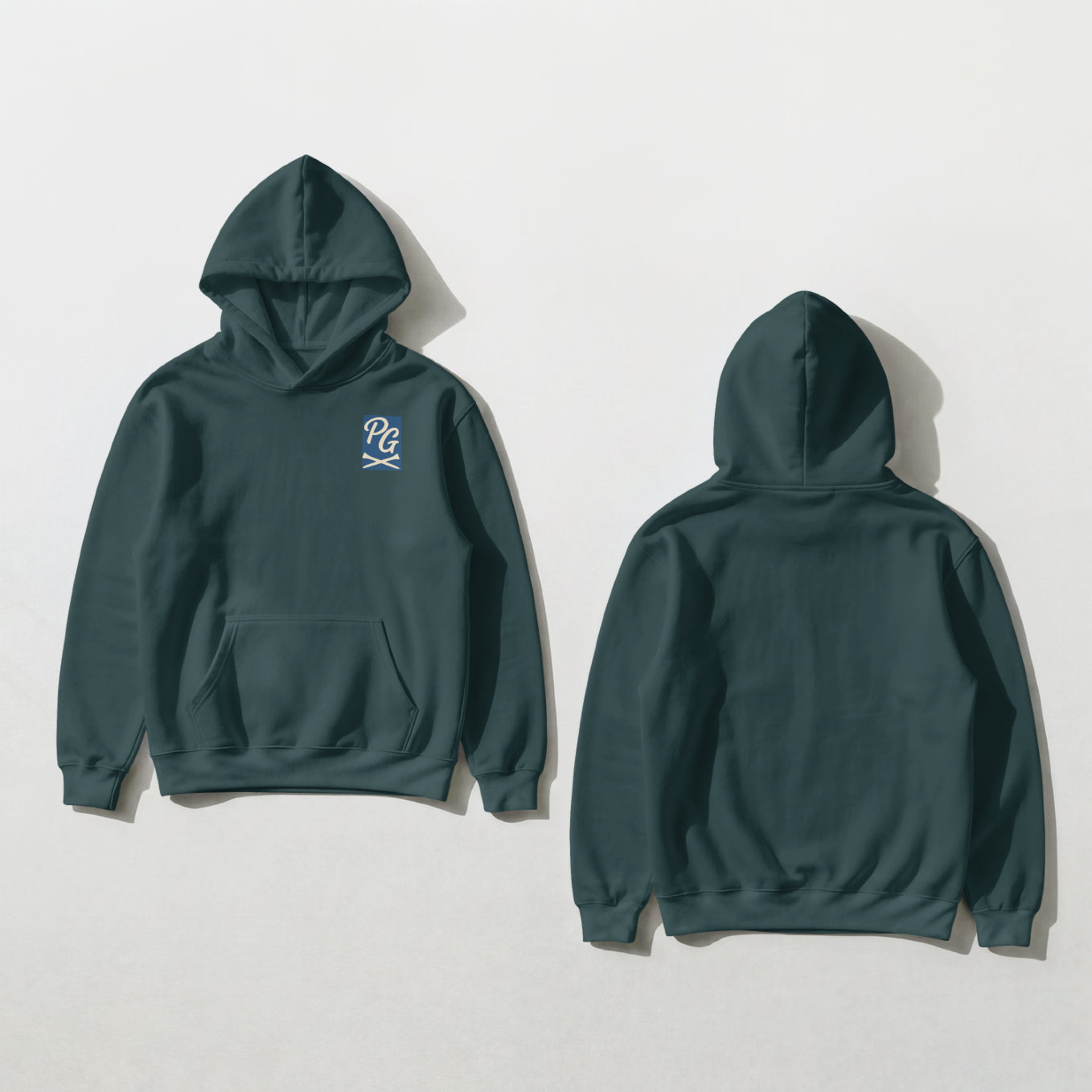 Plaid Gorilla Golf Prime Hoodie in Pine — front and back view, deep pine green pullover with embroidered PG crossed golf clubs logo on left chest