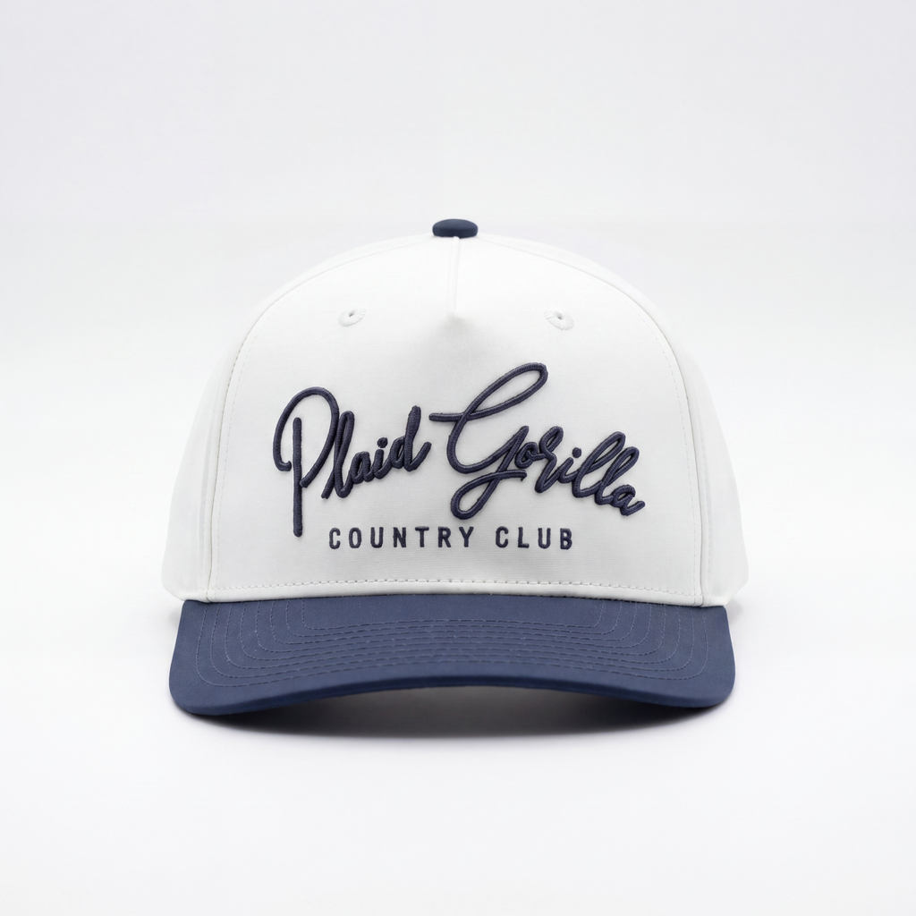 White and blue cap with 'Plaid Gorilla Country Club' text on a white background