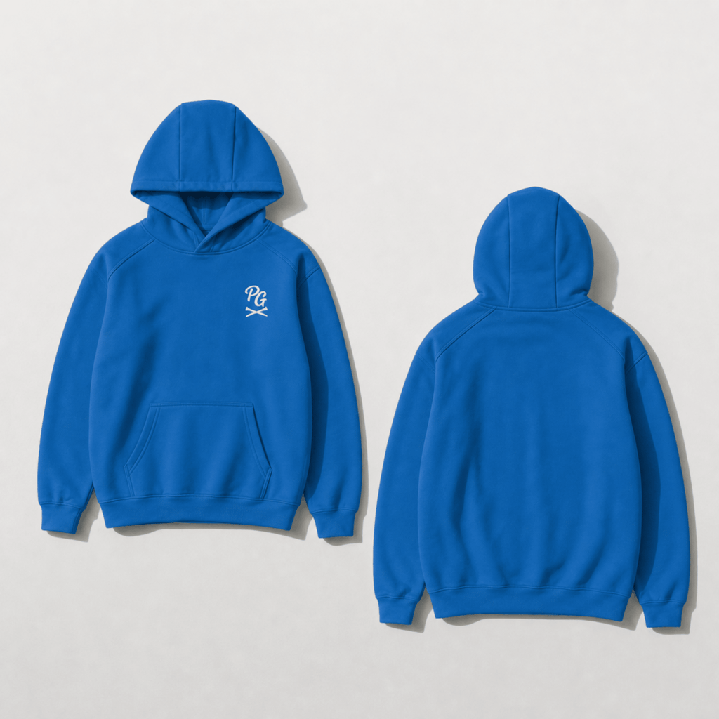 Plaid Gorilla Golf Prime Hoodie in Teal Blue, oversized golf hoodie — front and back flat lay