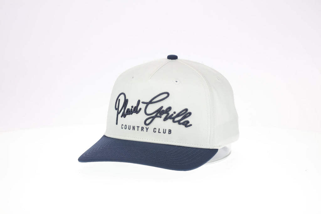 Plaid Gorilla Golf Country Club Snapback in Navy/Cloud White — structured crown with embroidered PG logo