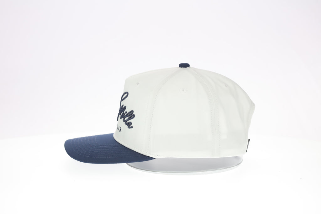 White and navy cap with text on a white background